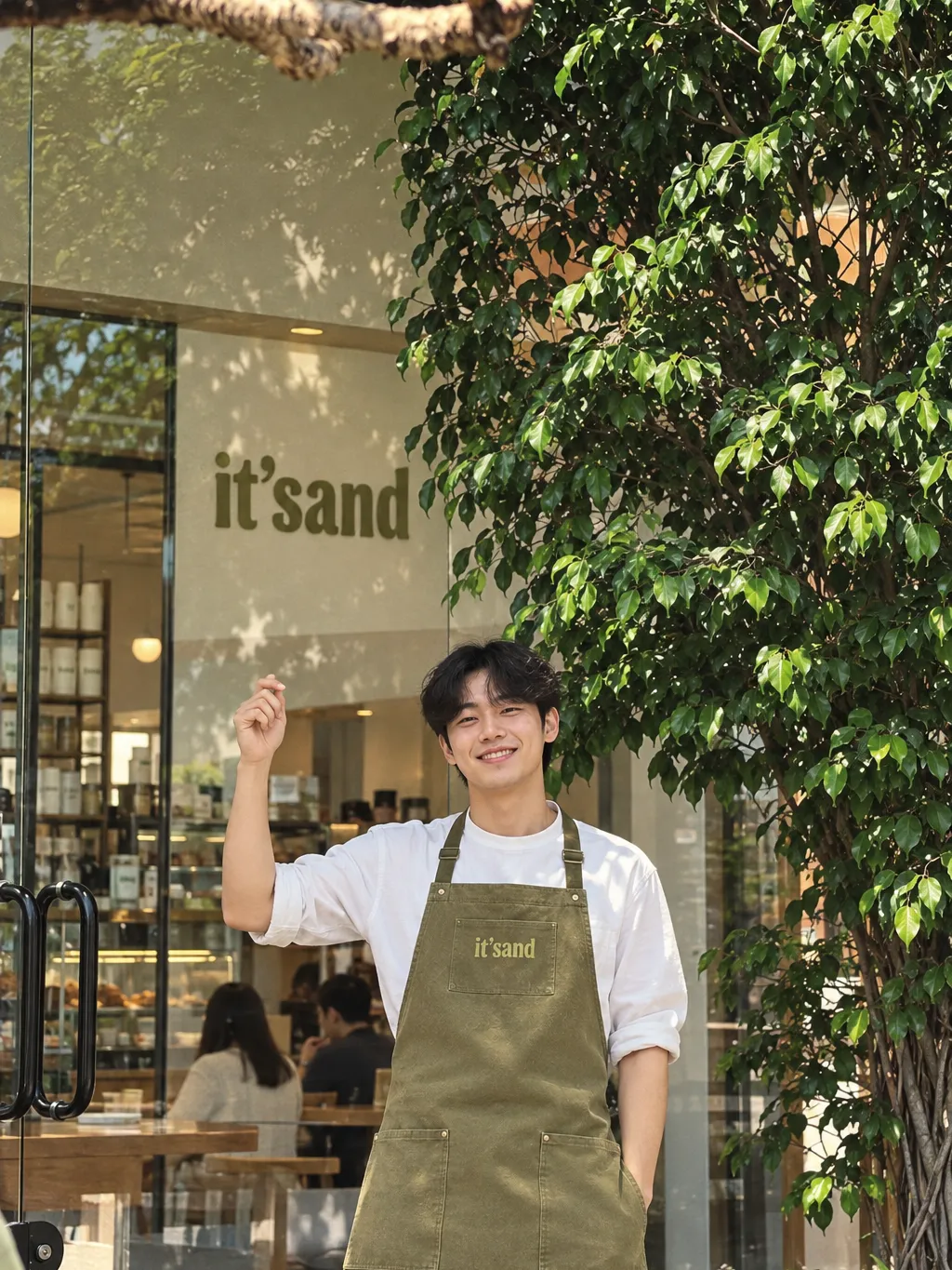 잇샌드 앞치마를 두른 직원이 손을 들어 음료를 가리키는 모습